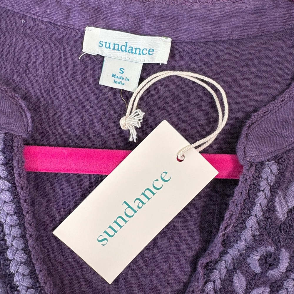 Sundance Top Women S Purple Embroidered Flutter Sleeve Cotton Linen Boho Peasant - Picture 5 of 8